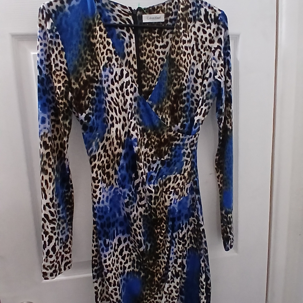 Calvin Klein Long Sleeve Blue and Brown Animal Print Dress